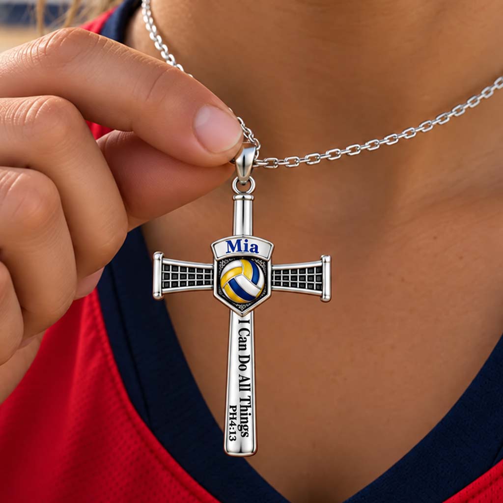 I Can Do All Things - Personalized Volleyball Shaped Metal Pendant Necklace