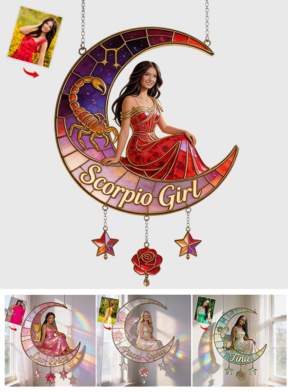 Any Photo Zodiac Style - Personalized Horoscope Window Hanging Suncatcher With Charms