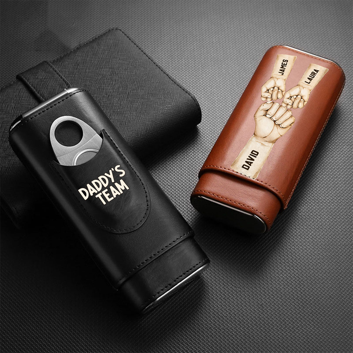 Daddy's Team Fist Bump – Personalisierter Humidor aus Leder für Väter