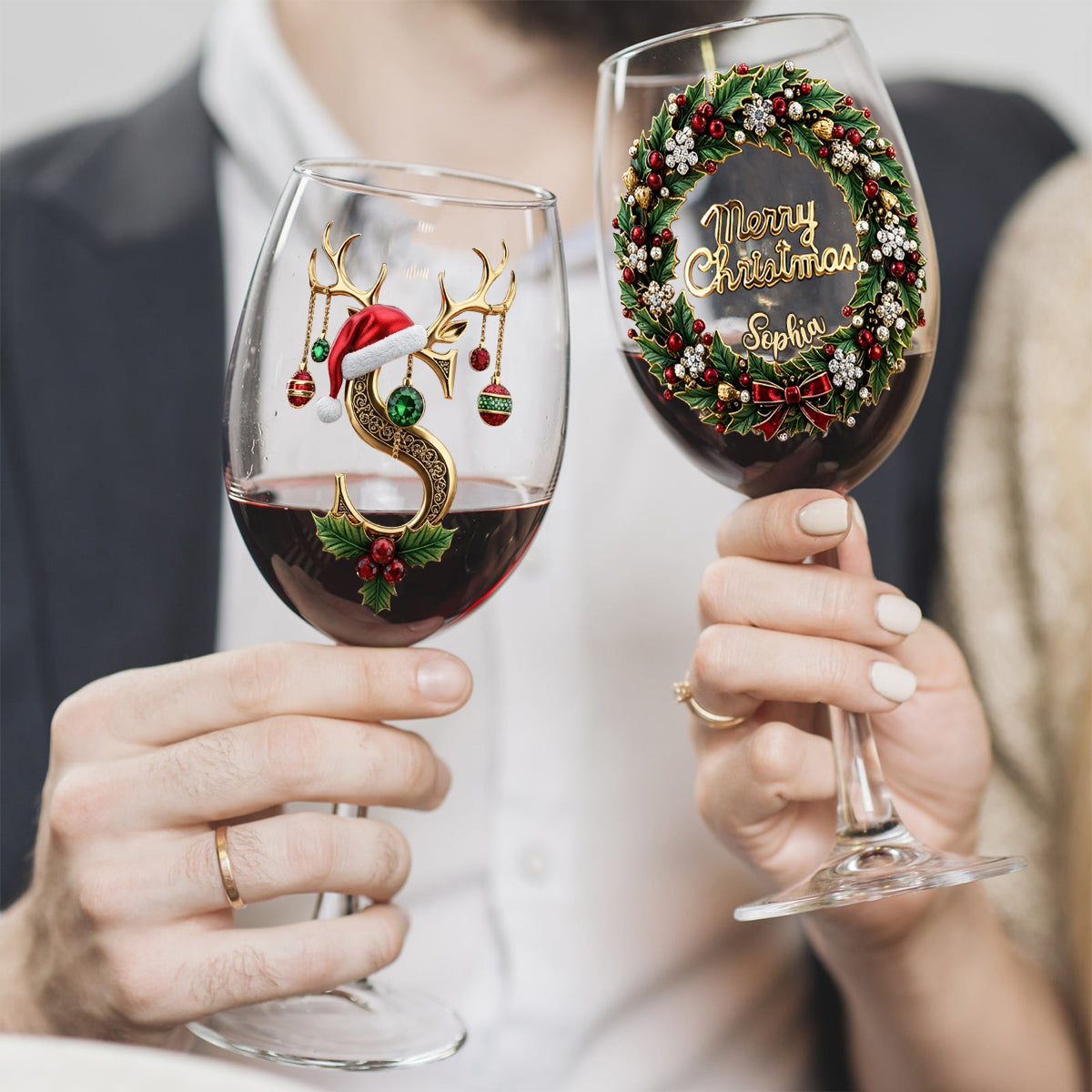 Frohe Weihnachten – Personalisiertes Familienweinglas mit langem Stiel