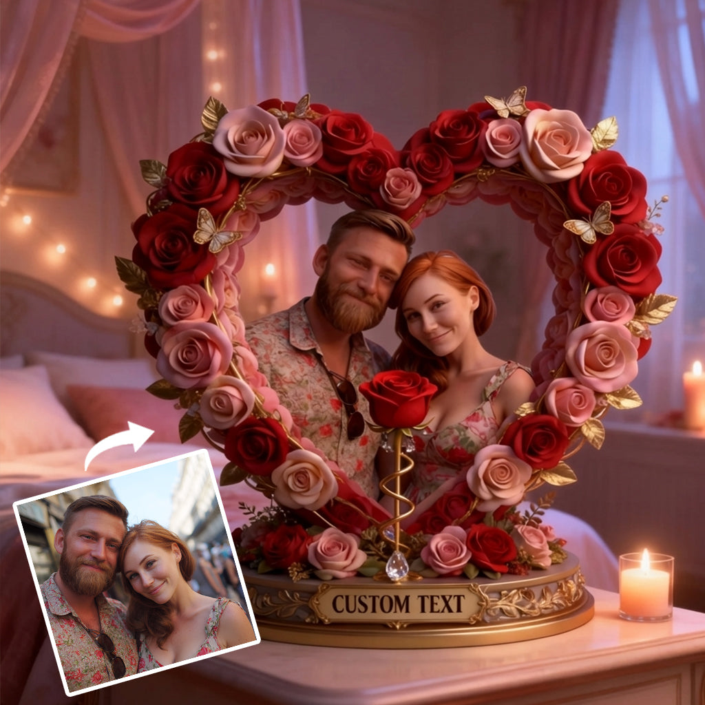 Individuelle Tischdekoration für ein Rosenpaar nach Foto – Personalisierte Acrylplakette in individueller Paarform