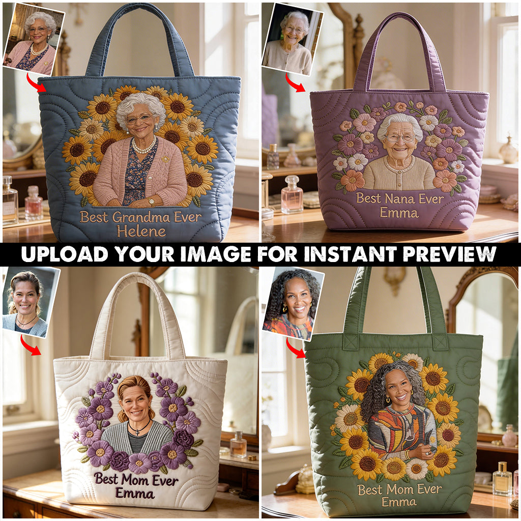 Floral Portrait Quilted Tote - Personalized Grandma Quilted Tote Bag