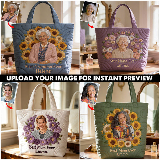 Floral Portrait Quilted Tote - Personalized Grandma Quilted Tote Bag