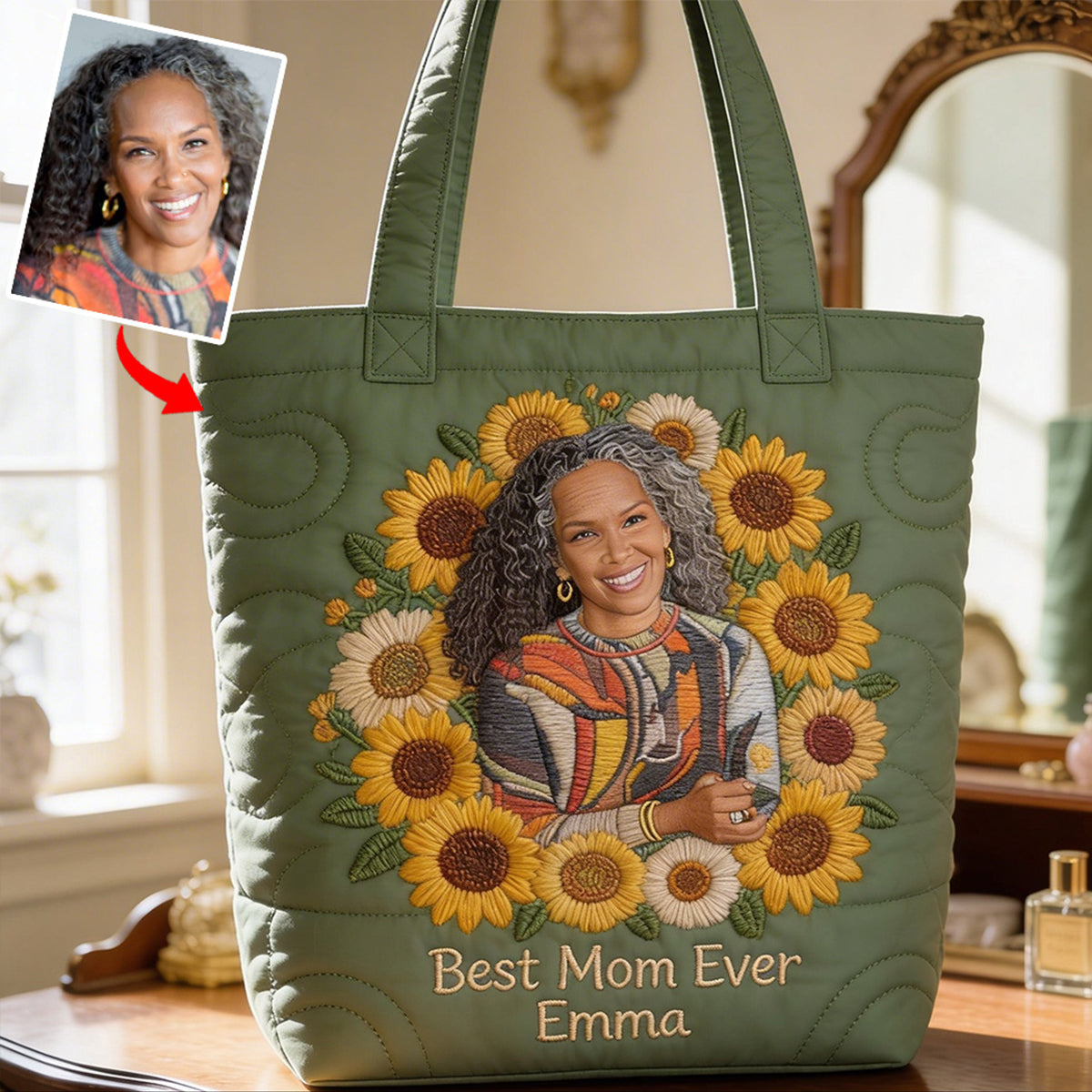 Floral Portrait Quilted Tote - Personalized Grandma Quilted Tote Bag