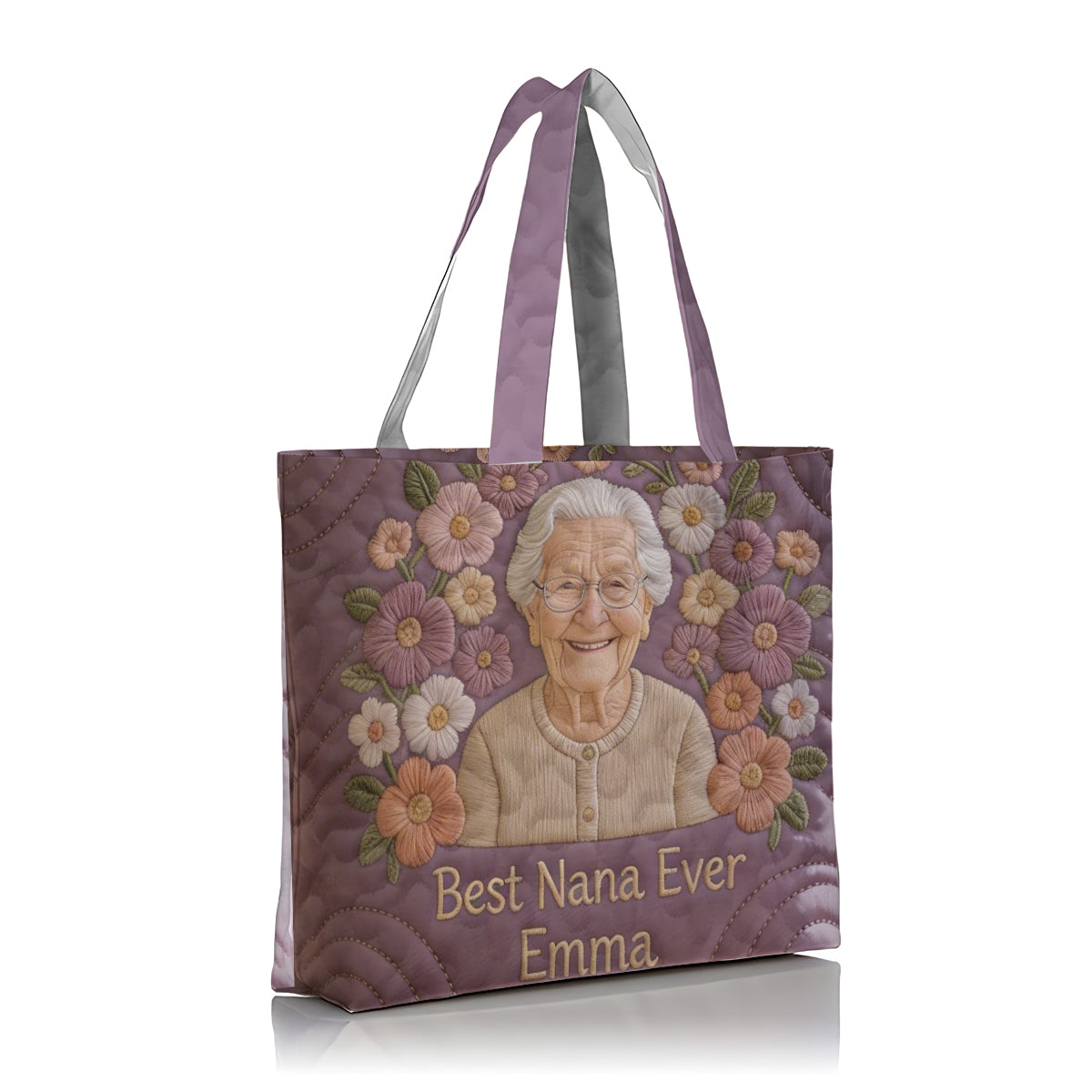 Floral Portrait Quilted Tote - Personalized Grandma Quilted Tote Bag