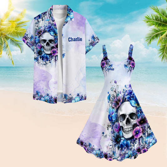Aquarell-Blumenschädel – Personalisiertes Totenkopf-Hawaiihemd & ärmelloses Kleid