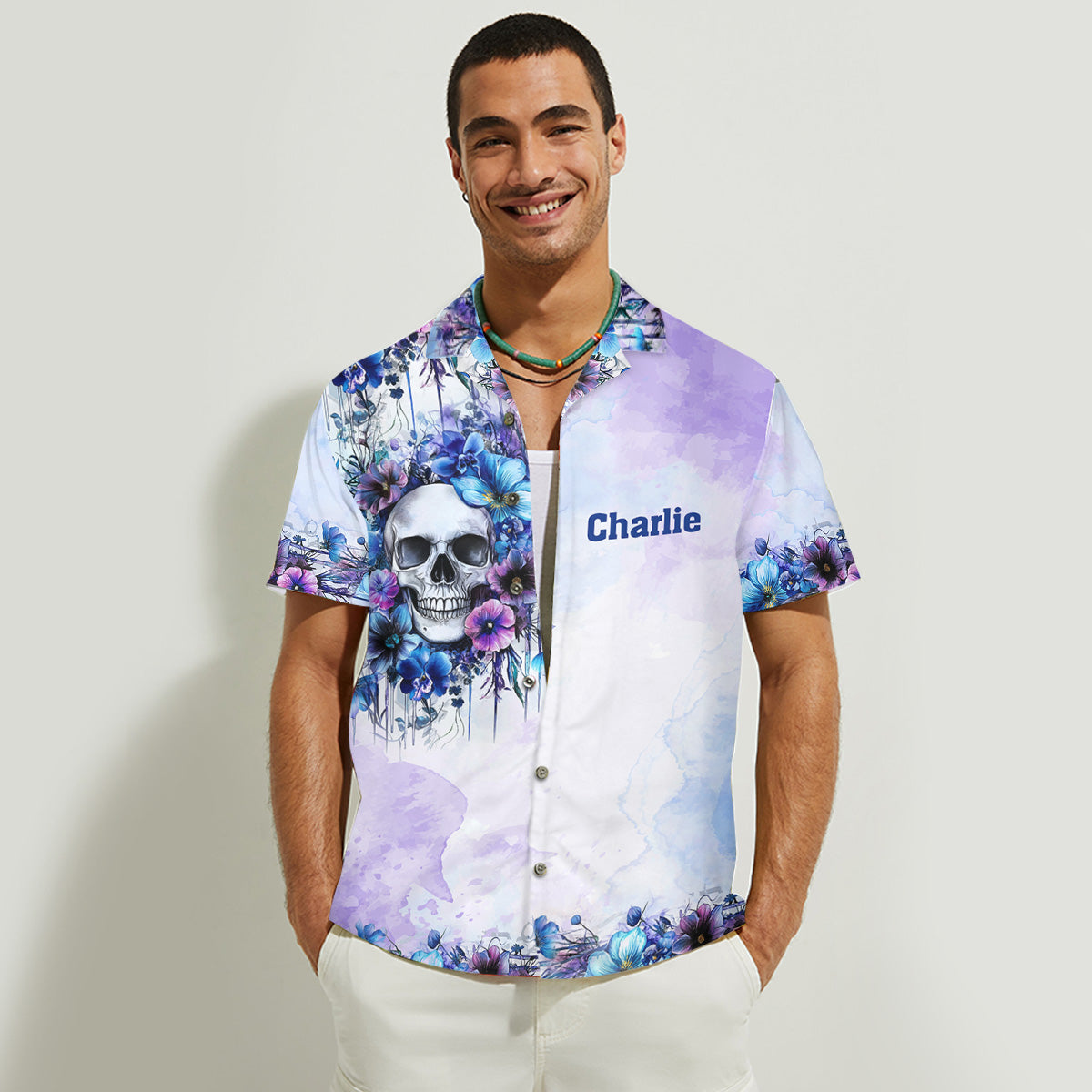 Aquarell-Blumenschädel – Personalisiertes Totenkopf-Hawaiihemd & ärmelloses Kleid