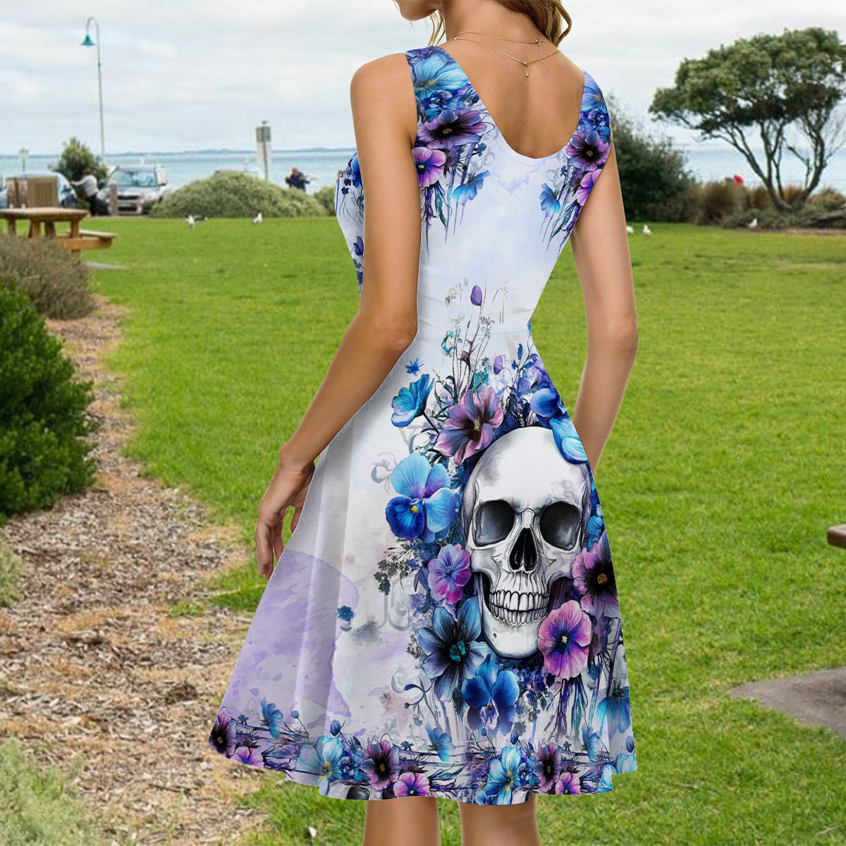 Aquarell-Blumenschädel – Personalisiertes Totenkopf-Hawaiihemd & ärmelloses Kleid