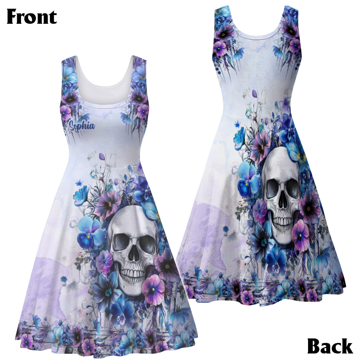 Aquarell-Blumenschädel – Personalisiertes Totenkopf-Hawaiihemd & ärmelloses Kleid