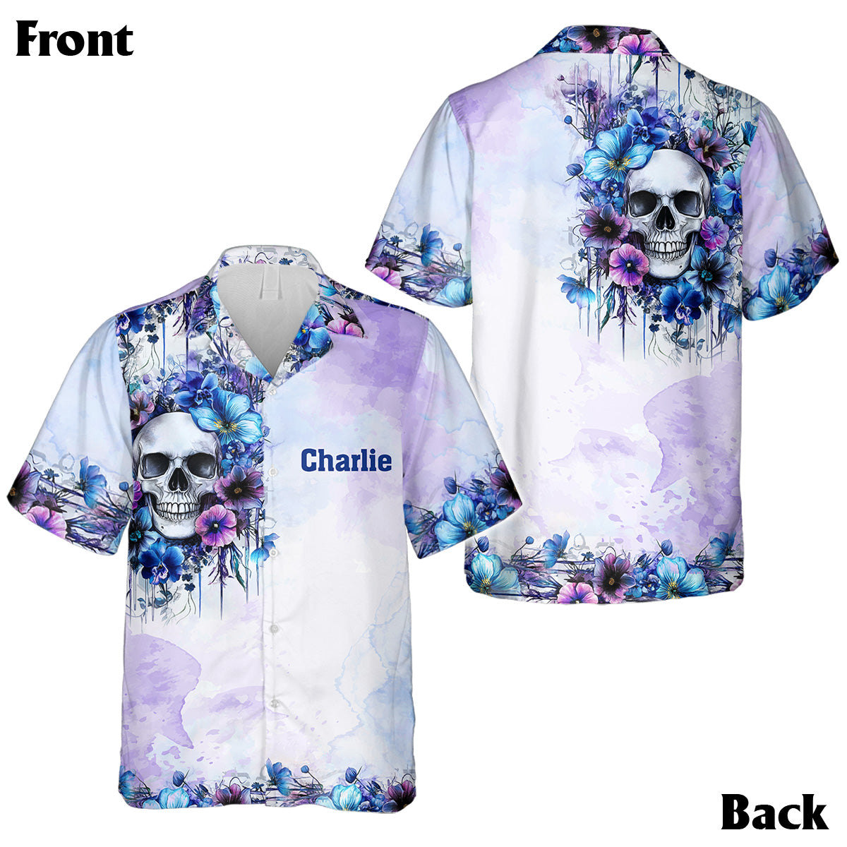 Aquarell-Blumenschädel – Personalisiertes Totenkopf-Hawaiihemd & ärmelloses Kleid