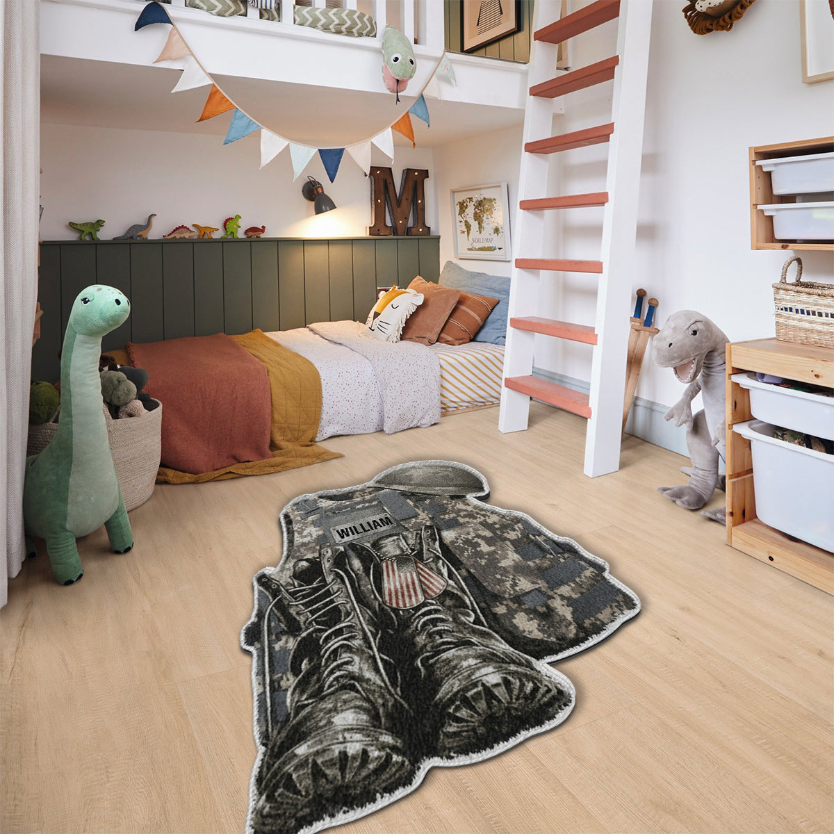 Militäruniform – Stiefel & Hut – Personalisierter, rutschfester, getufteter Teppich für Veteranen