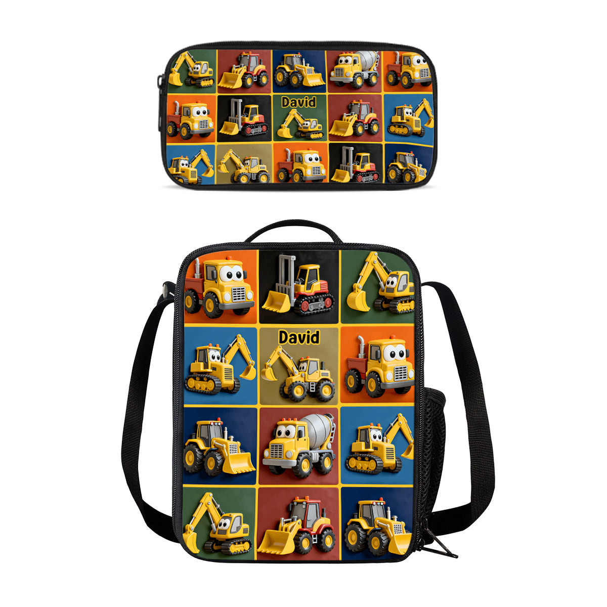 Baumaschinen - Personalisierter Kinderrucksack, Lunchtasche, Federmäppchen-Set