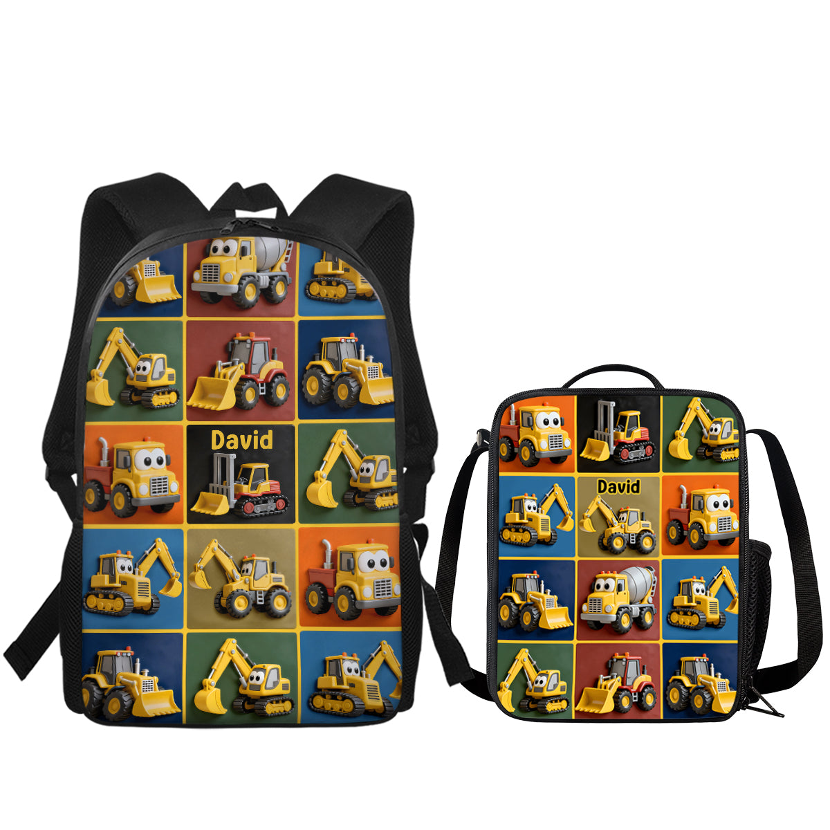 Baumaschinen - Personalisierter Kinderrucksack, Lunchtasche, Federmäppchen-Set