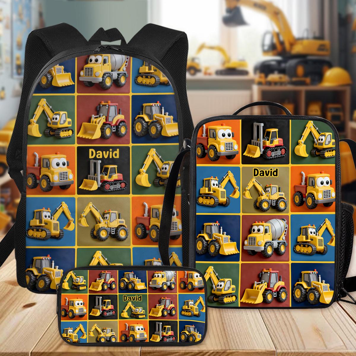 Baumaschinen - Personalisierter Kinderrucksack, Lunchtasche, Federmäppchen-Set