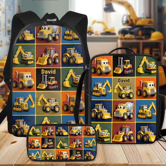 Baumaschinen - Personalisierter Kinderrucksack, Lunchtasche, Federmäppchen-Set