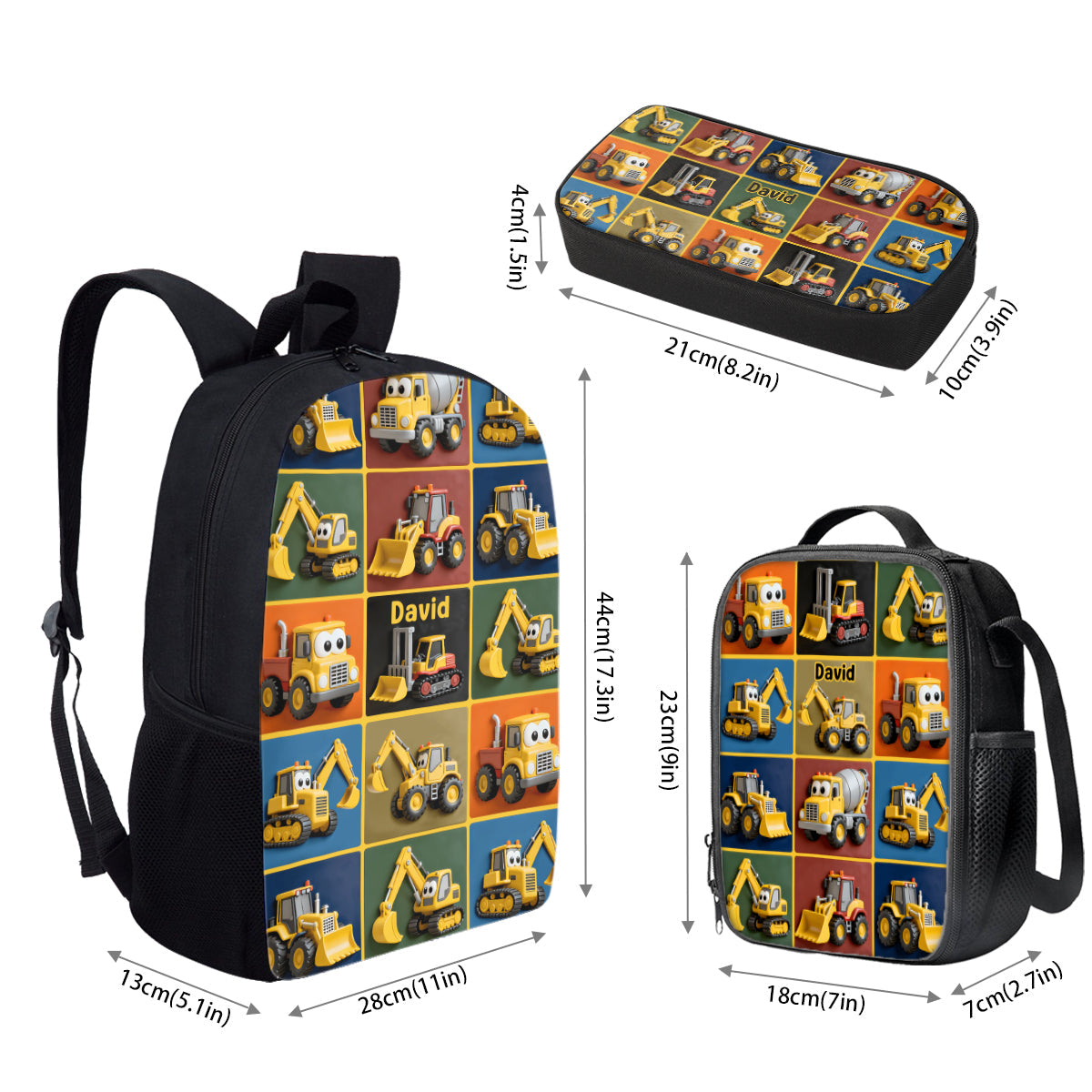 Baumaschinen - Personalisierter Kinderrucksack, Lunchtasche, Federmäppchen-Set