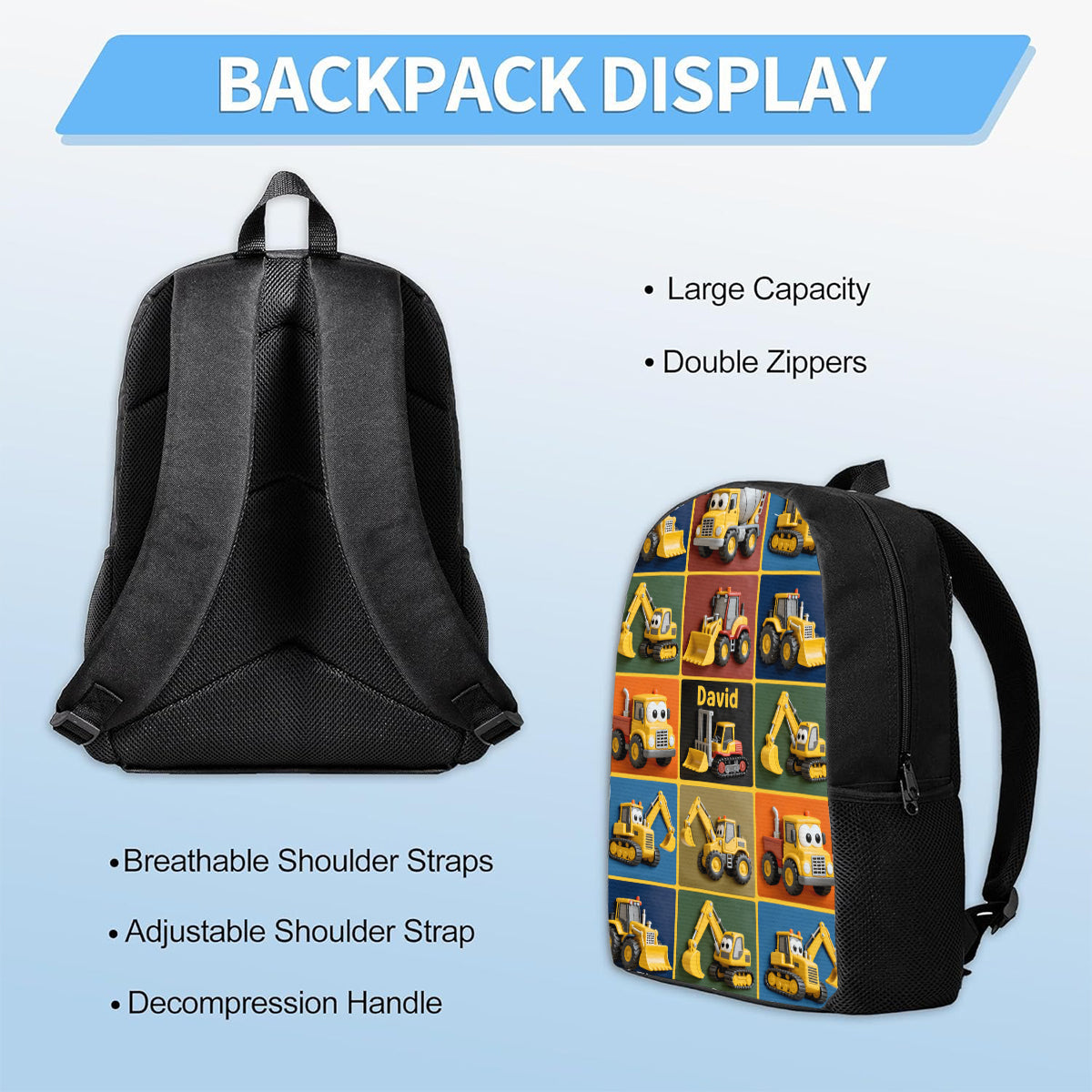 Baumaschinen - Personalisierter Kinderrucksack, Lunchtasche, Federmäppchen-Set