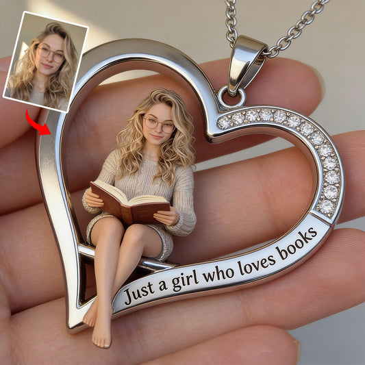 Custom Any Photo, Just A Girl Who Loves Books - Personalized Book Shaped Metal Pendant Necklace
