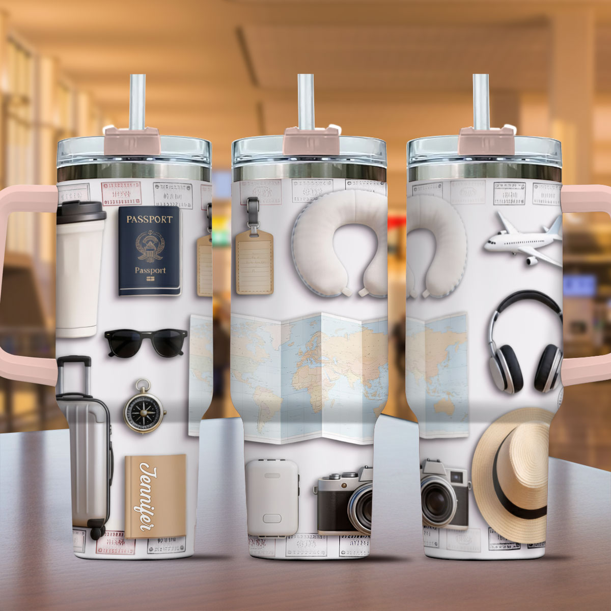 Reiselustig – Personalisierter Reisebecher mit Henkel