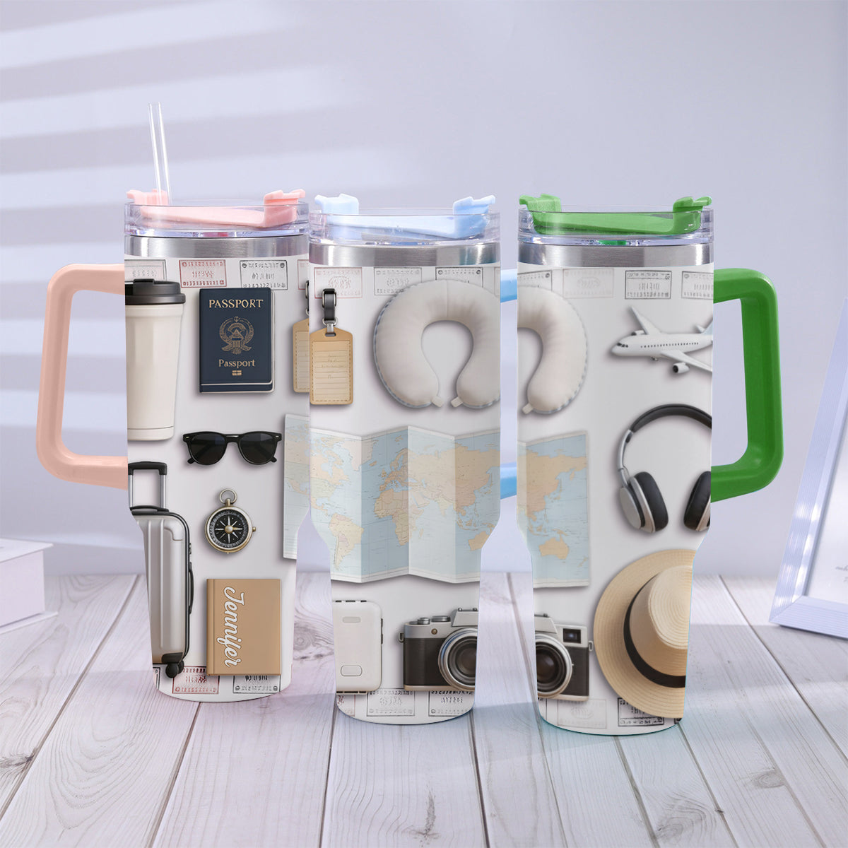 Reiselustig – Personalisierter Reisebecher mit Henkel