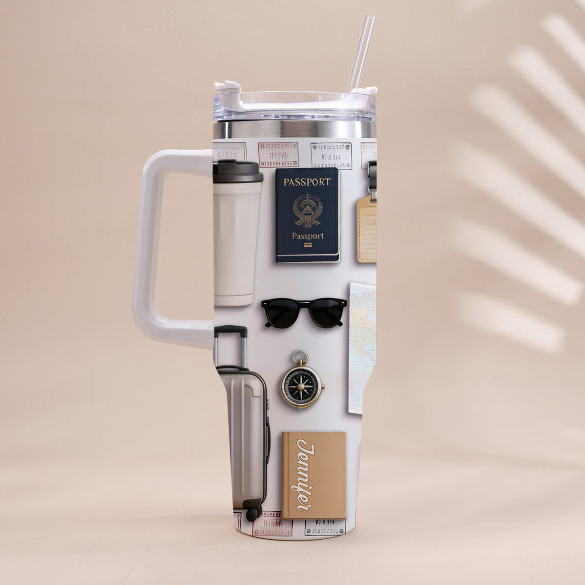 Reiselustig – Personalisierter Reisebecher mit Henkel