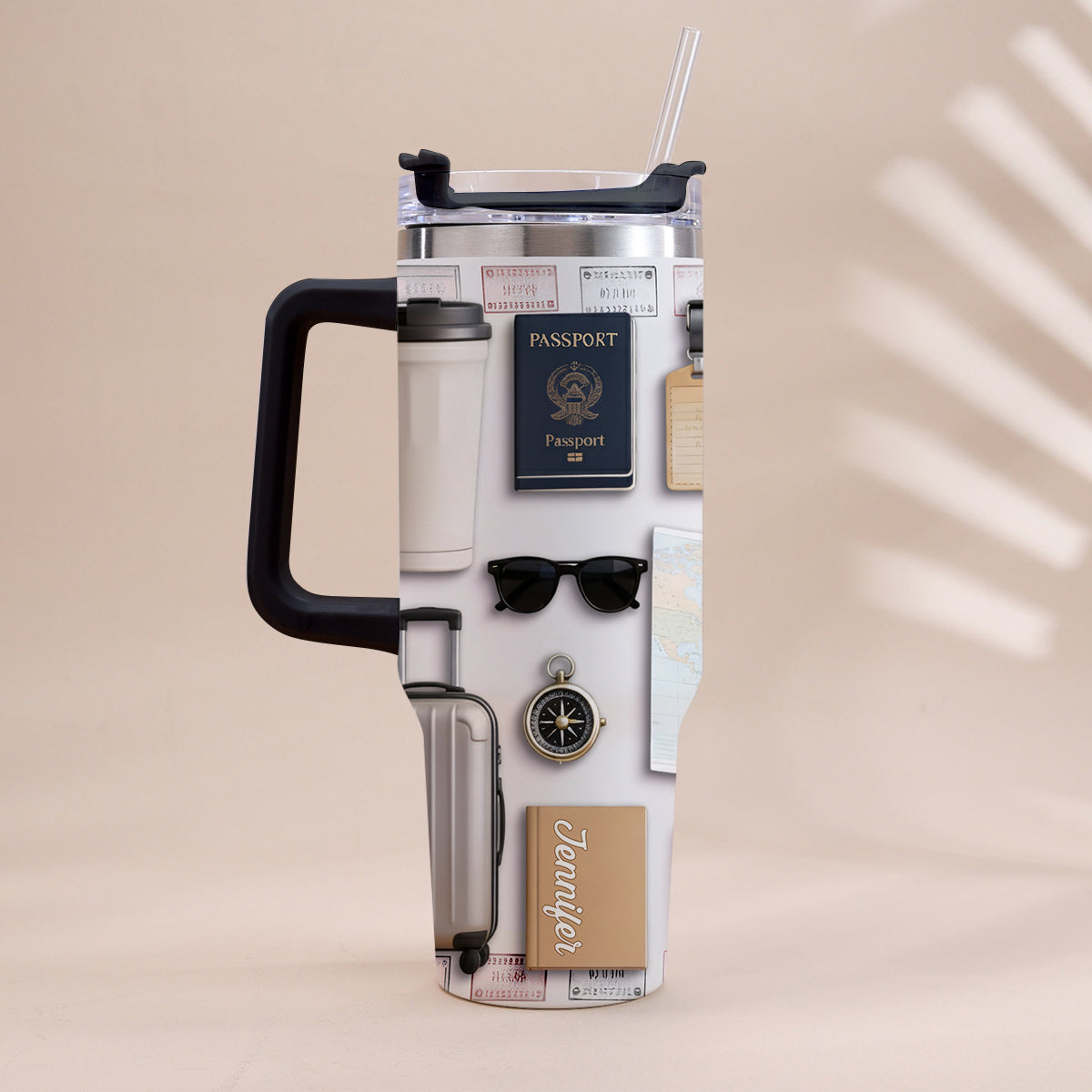 Reiselustig – Personalisierter Reisebecher mit Henkel