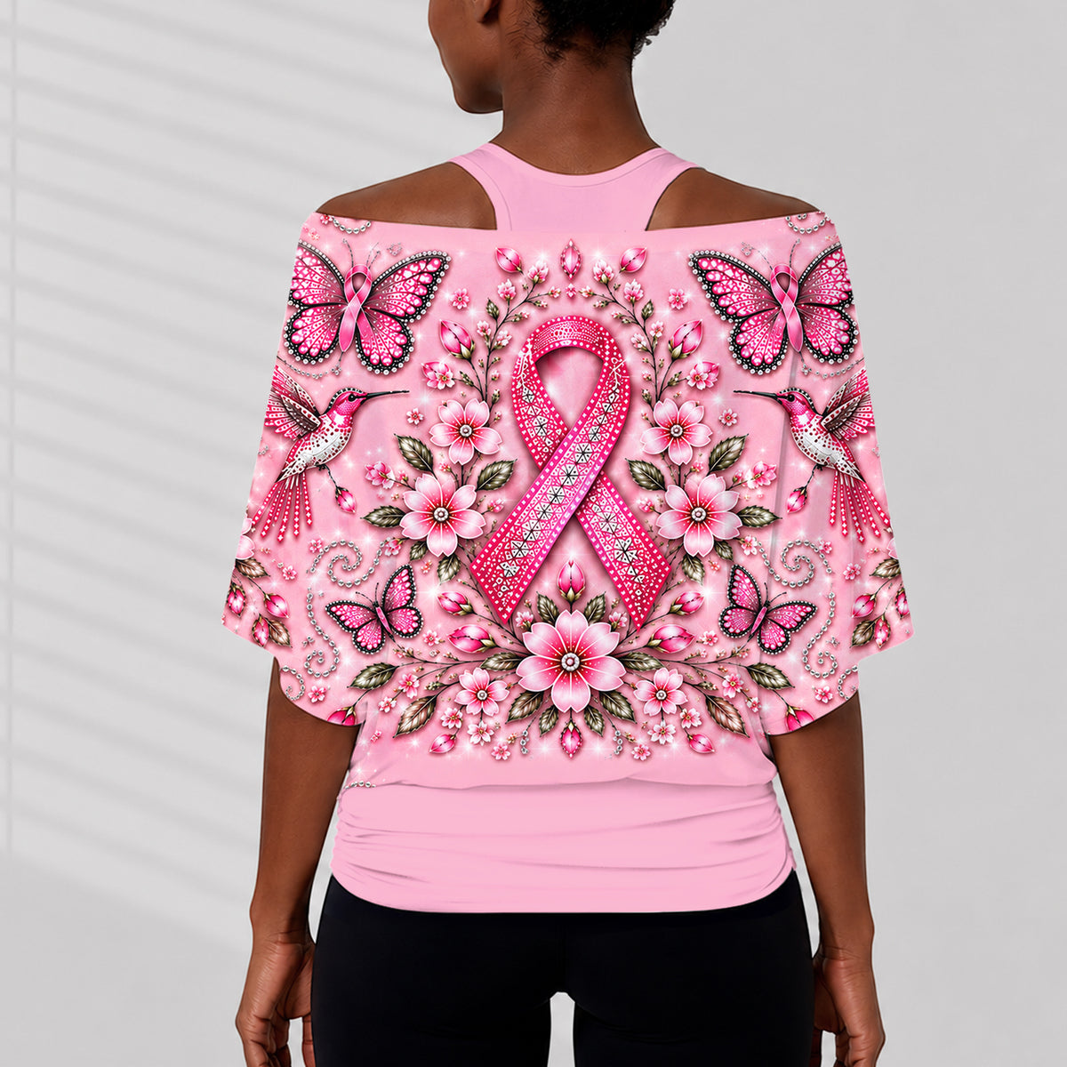 Brustkrebsbewusstsein - Personalisierbares Off-Shoulder Top Set