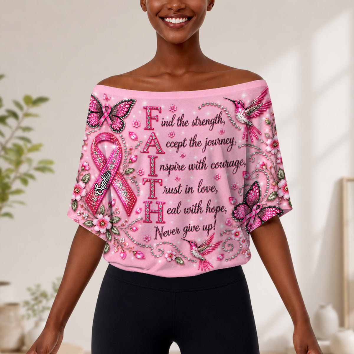 Brustkrebsbewusstsein - Personalisierbares Off-Shoulder Top Set