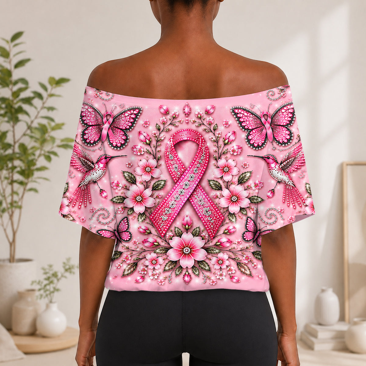 Brustkrebsbewusstsein - Personalisierbares Off-Shoulder Top Set