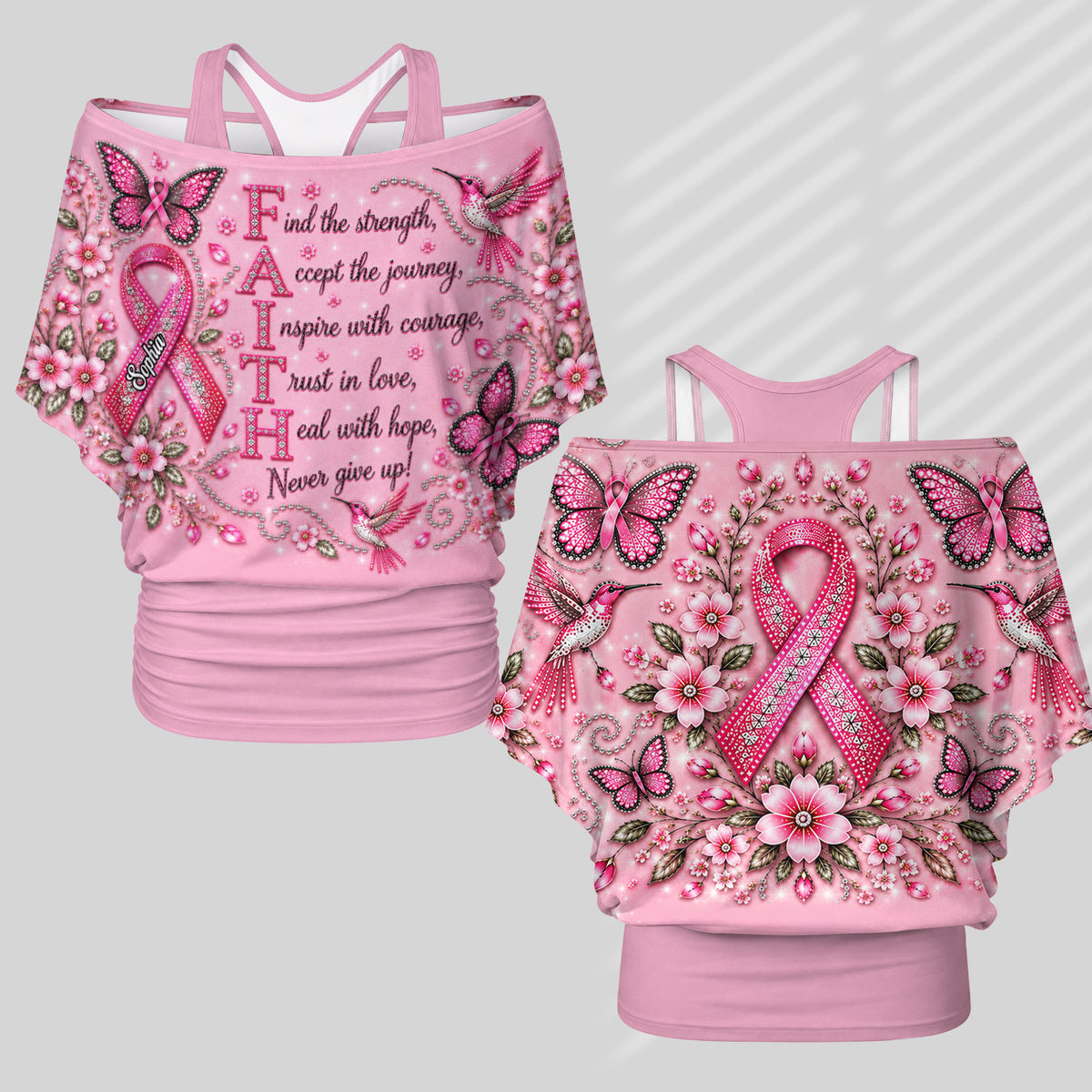 Brustkrebsbewusstsein - Personalisierbares Off-Shoulder Top Set