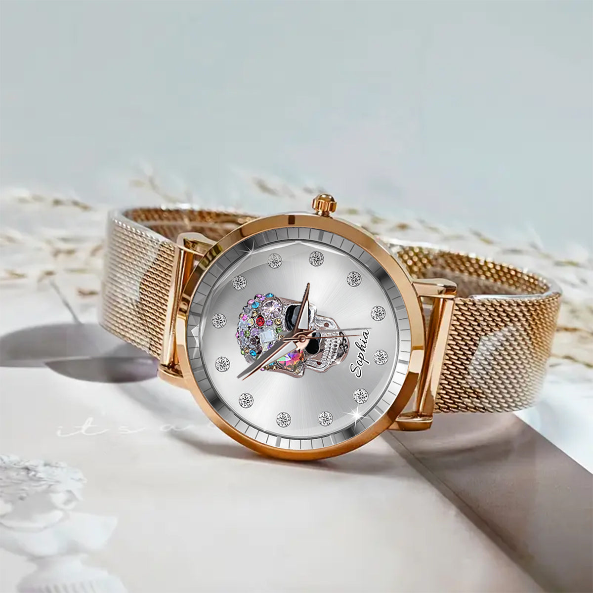 Shiny Skull Luxe – Personalisierte Totenkopf-Damenhanduhr 