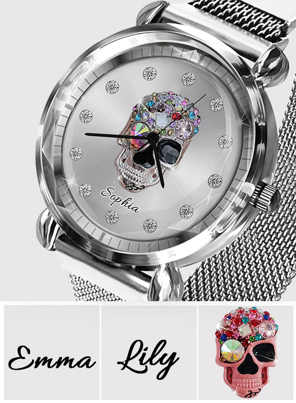 Shiny Skull Luxe – Personalisierte Totenkopf-Damenhanduhr 