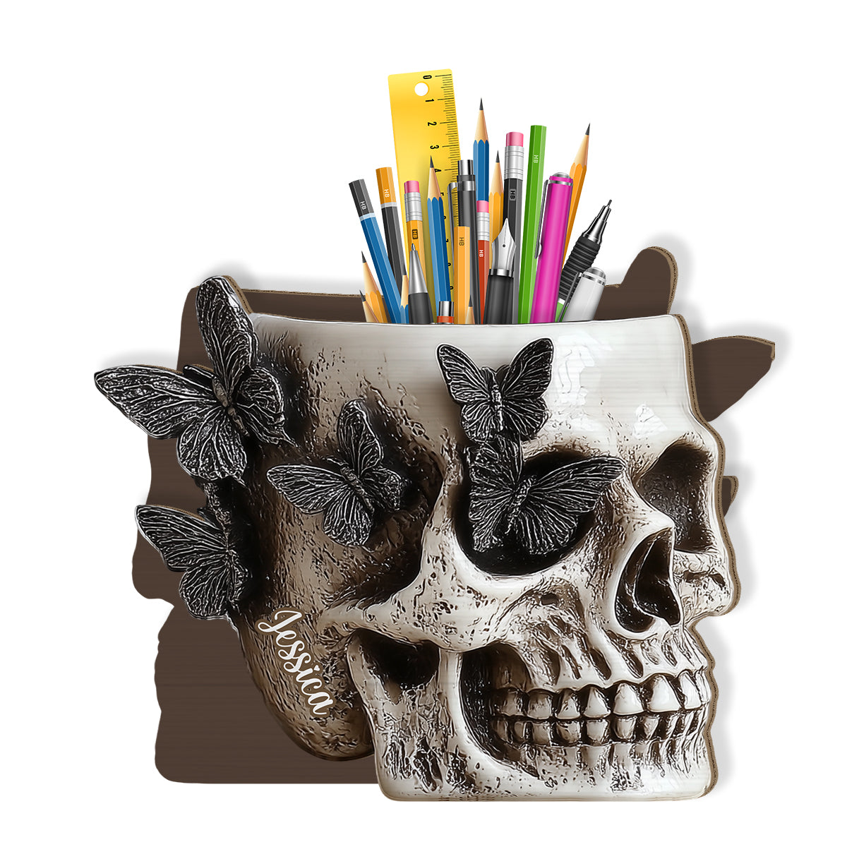 Schmetterlingsschädel – Personalisierter Totenkopf-Stifthalter aus Holz