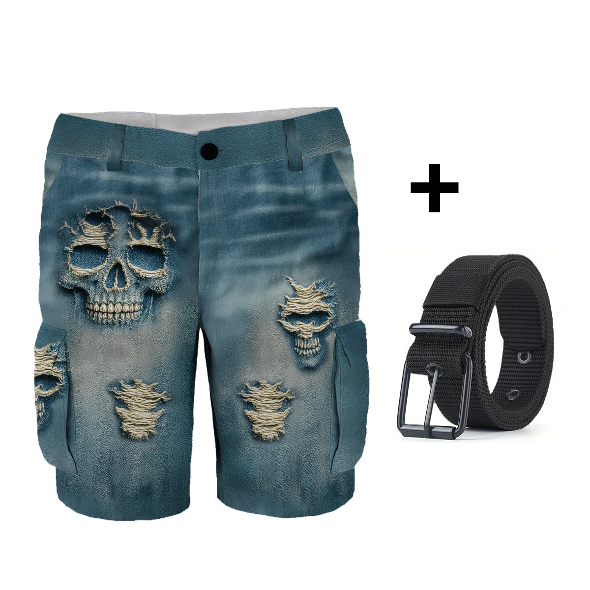Personalisierte Cargoshorts mit Totenkopfmotiv und Gürtel