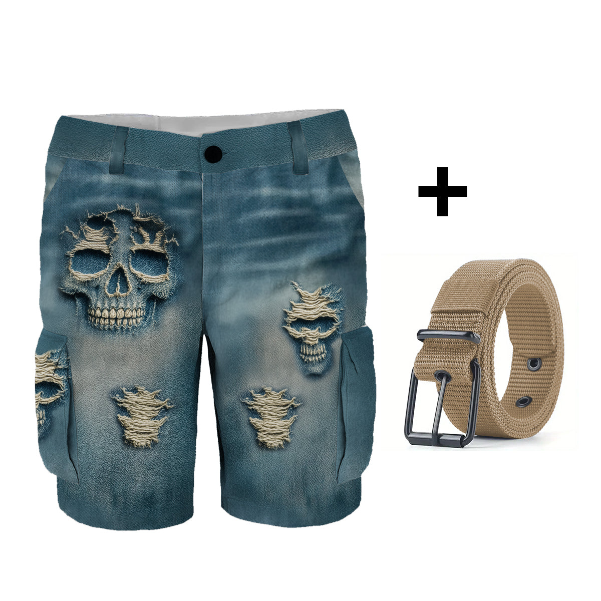 Personalisierte Cargoshorts mit Totenkopfmotiv und Gürtel