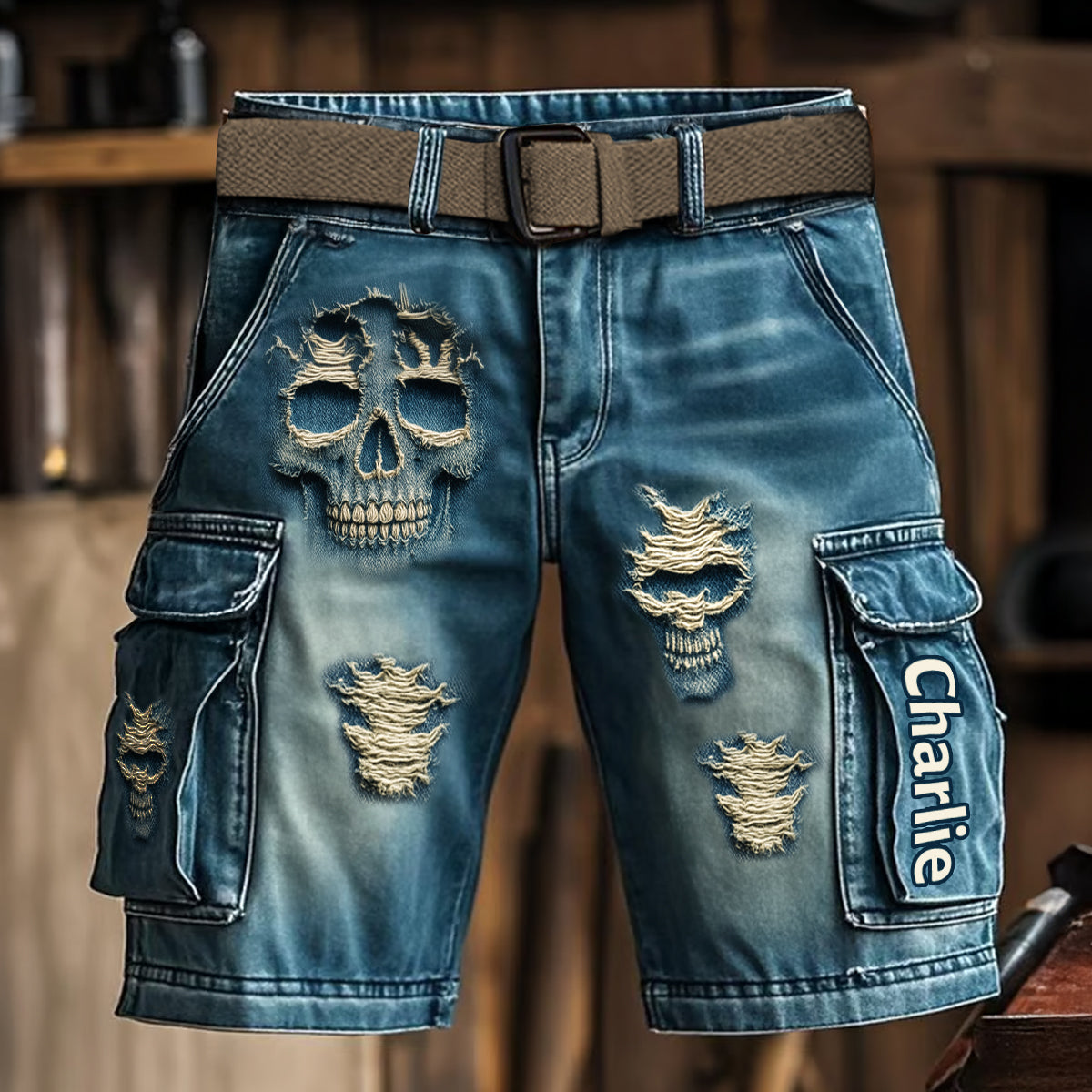 Personalisierte Cargoshorts mit Totenkopfmotiv und Gürtel