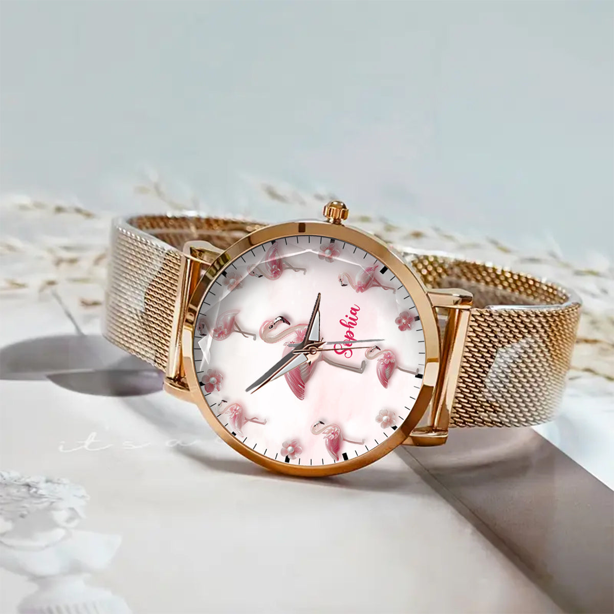 Elegance in Bloom Flamingo – Personalisierte Flamingo-Damenhanduhr 