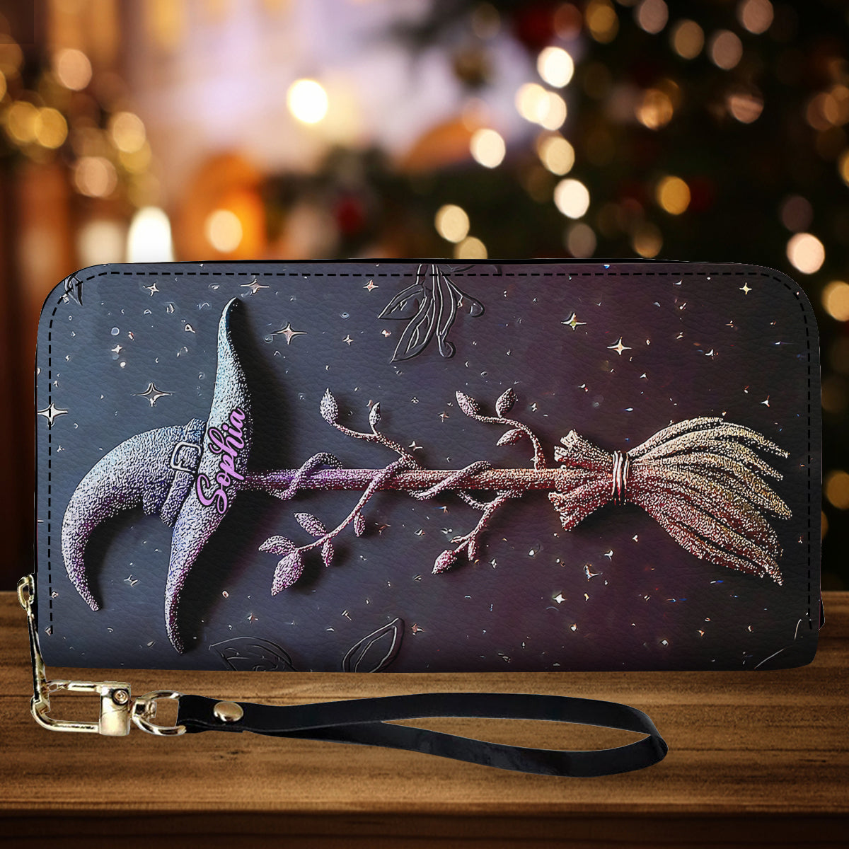 Magischer, glitzernder Hexenhut und Besen – personalisierte lange Ledergeldbörse im Hexen-Design