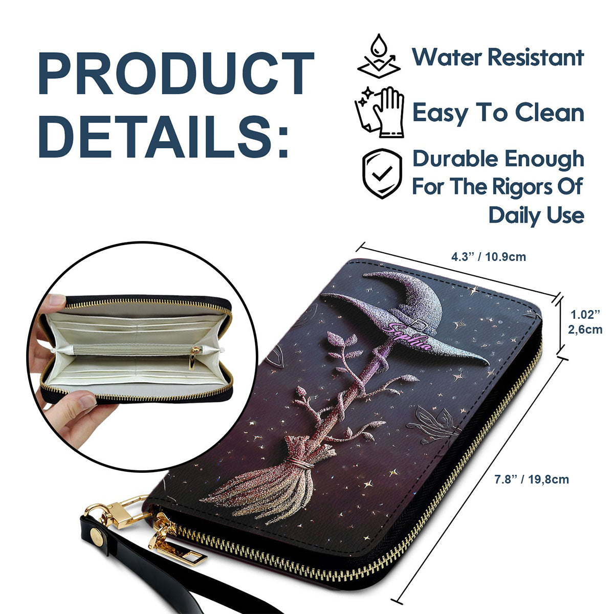 Magischer, glitzernder Hexenhut und Besen – personalisierte lange Ledergeldbörse im Hexen-Design