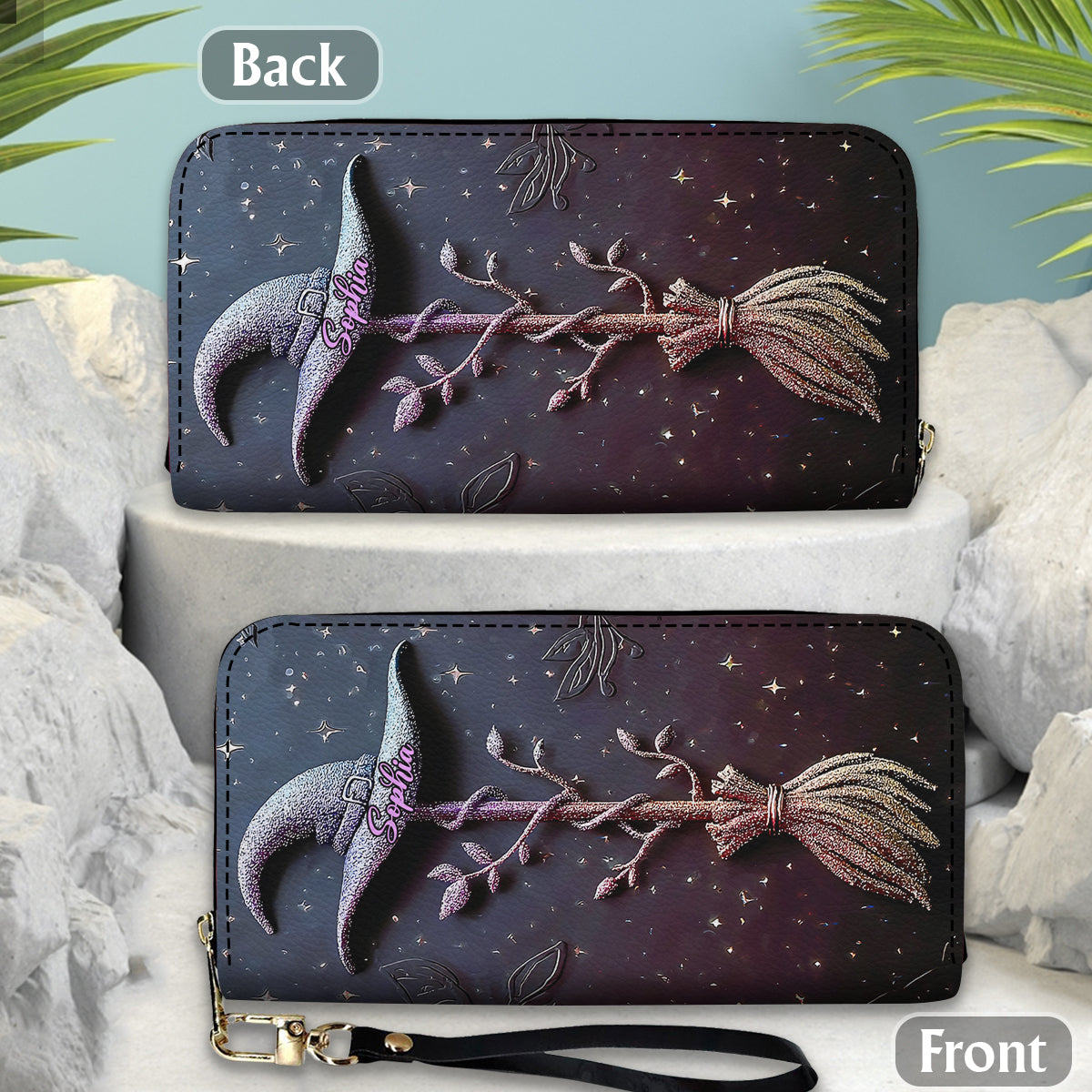 Magischer, glitzernder Hexenhut und Besen – personalisierte lange Ledergeldbörse im Hexen-Design