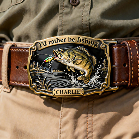 I'd Rather Be Fishing - Personalized Fishing Leather Belt With Shaped Buckle