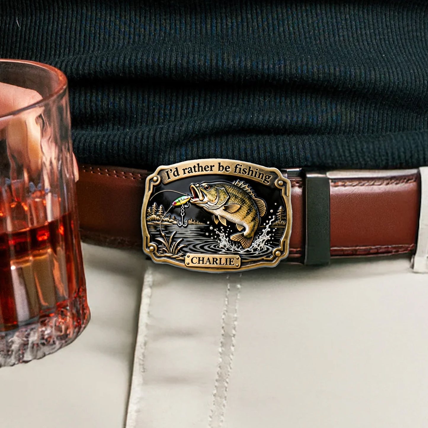 I'd Rather Be Fishing - Personalized Fishing Leather Belt With Shaped Buckle