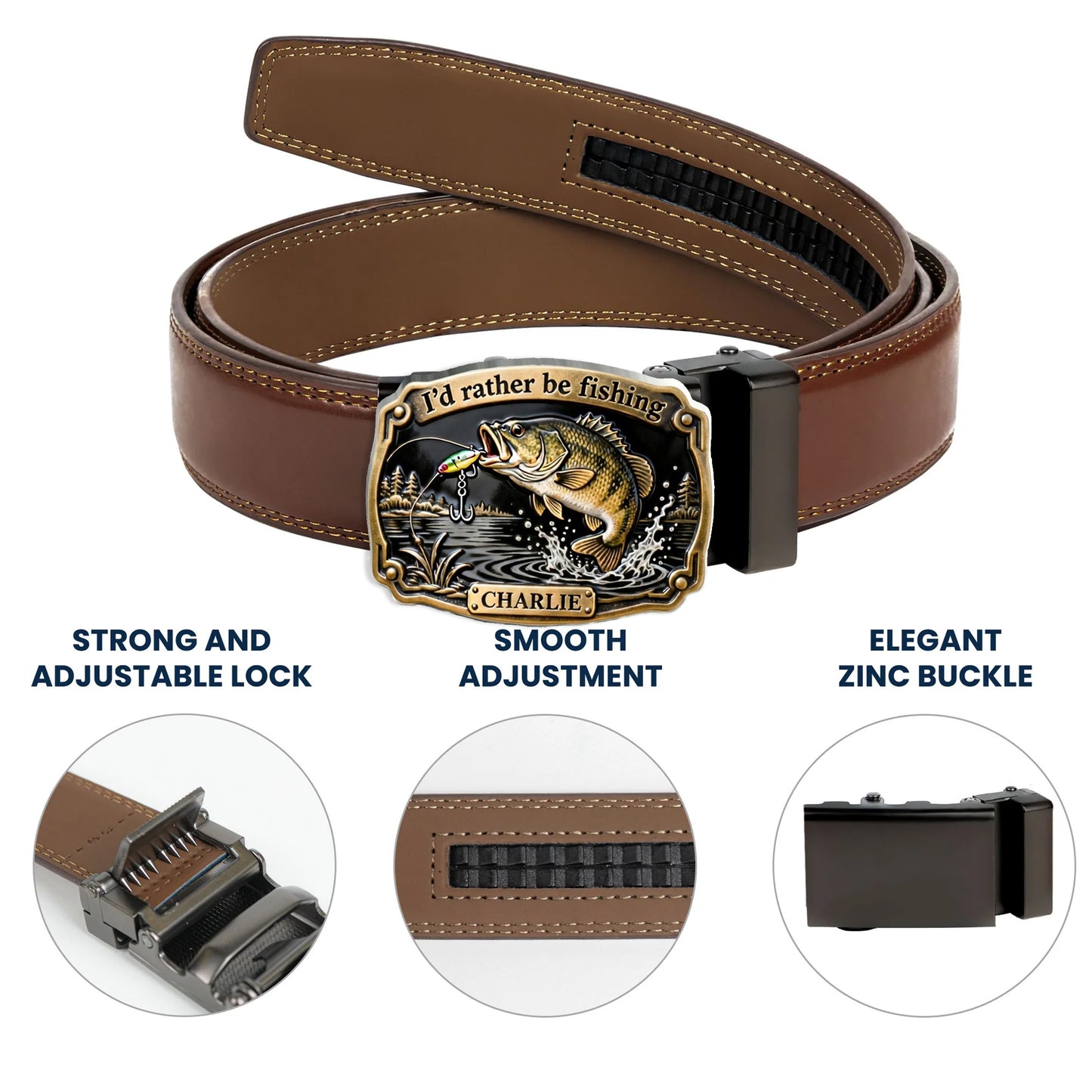 I'd Rather Be Fishing - Personalized Fishing Leather Belt With Shaped Buckle