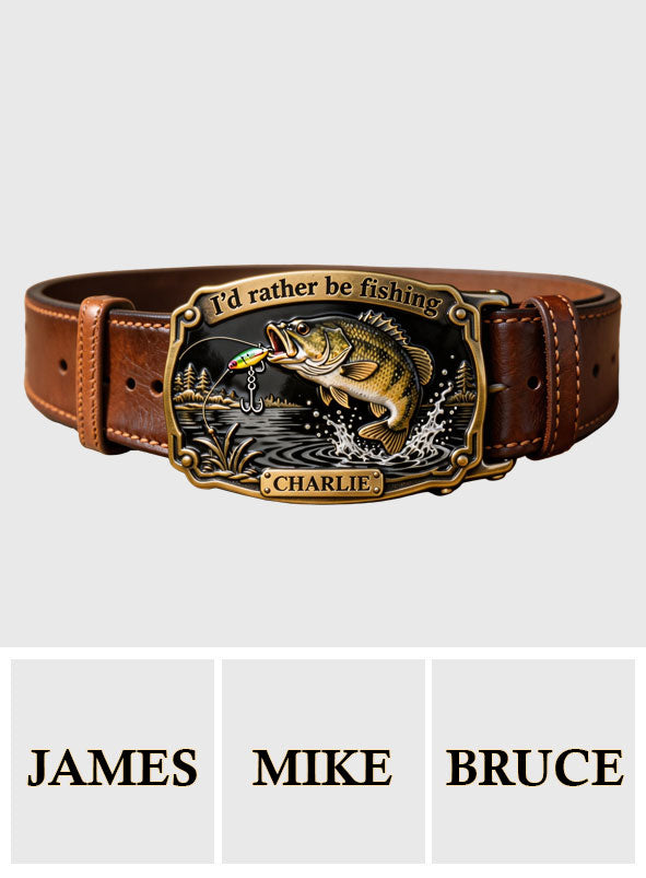 I'd Rather Be Fishing - Personalized Fishing Leather Belt With Shaped Buckle
