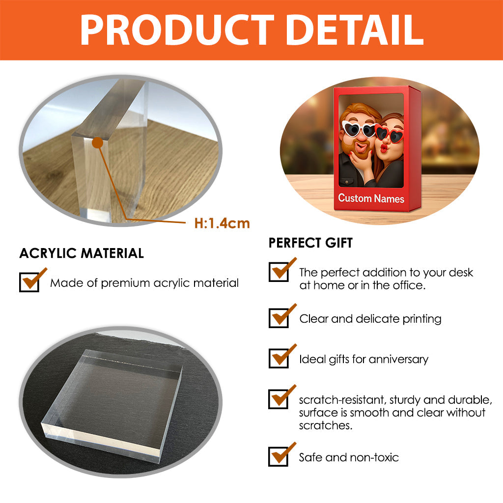 Lustiges Geschenk im cartoonhaften, übertriebenen Maskottchen-Stil – personalisierte Acrylplakette in individueller Form für Paare
