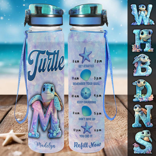 Turtle Alphabet Letter Custom Name - Personalized Turtle Water Tracker Bottle