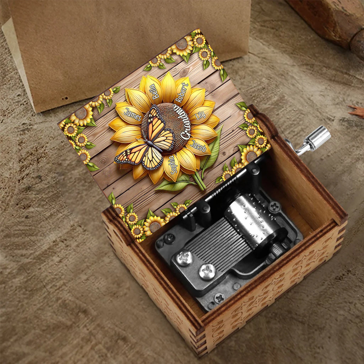 Sunflower Gift For Mom Grandma - Personalized Mother Hand Crank Music Box