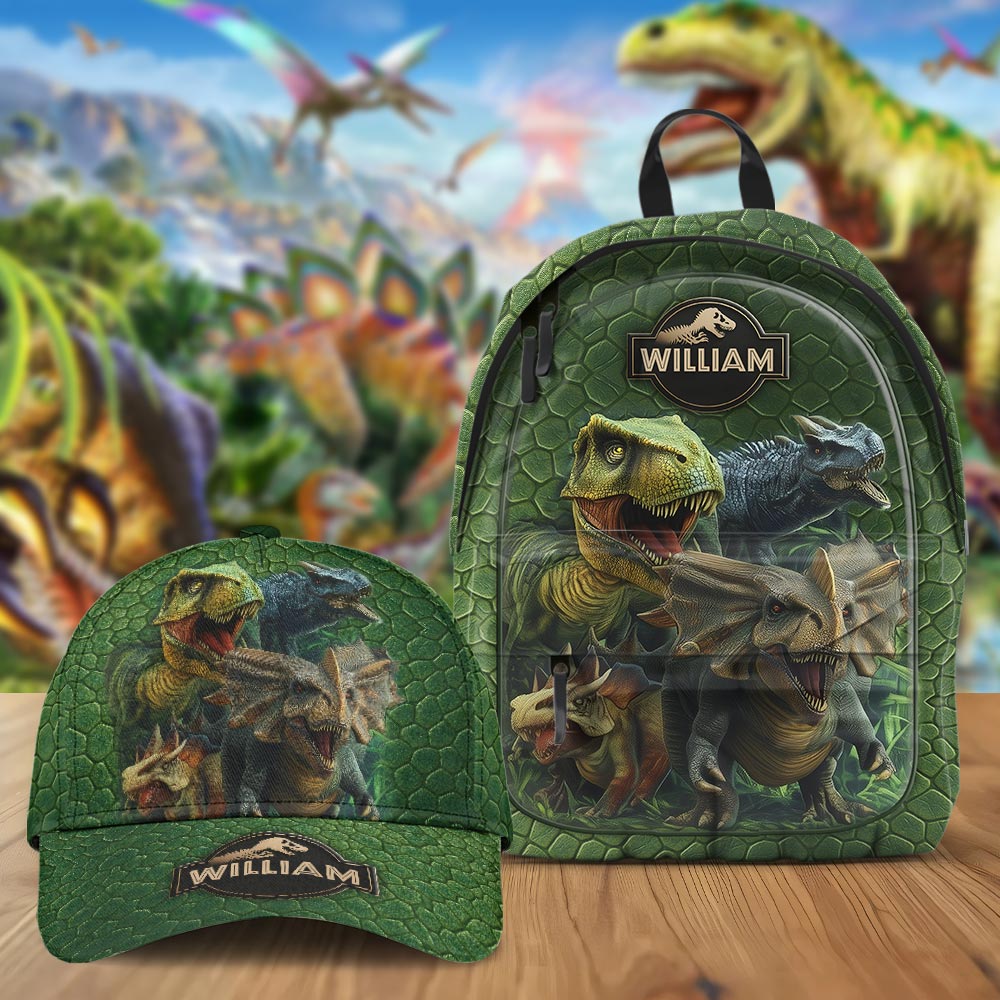 Dinosaurierwelt – Personalisierte Kinder-Klassiker-Kappe & Rucksack