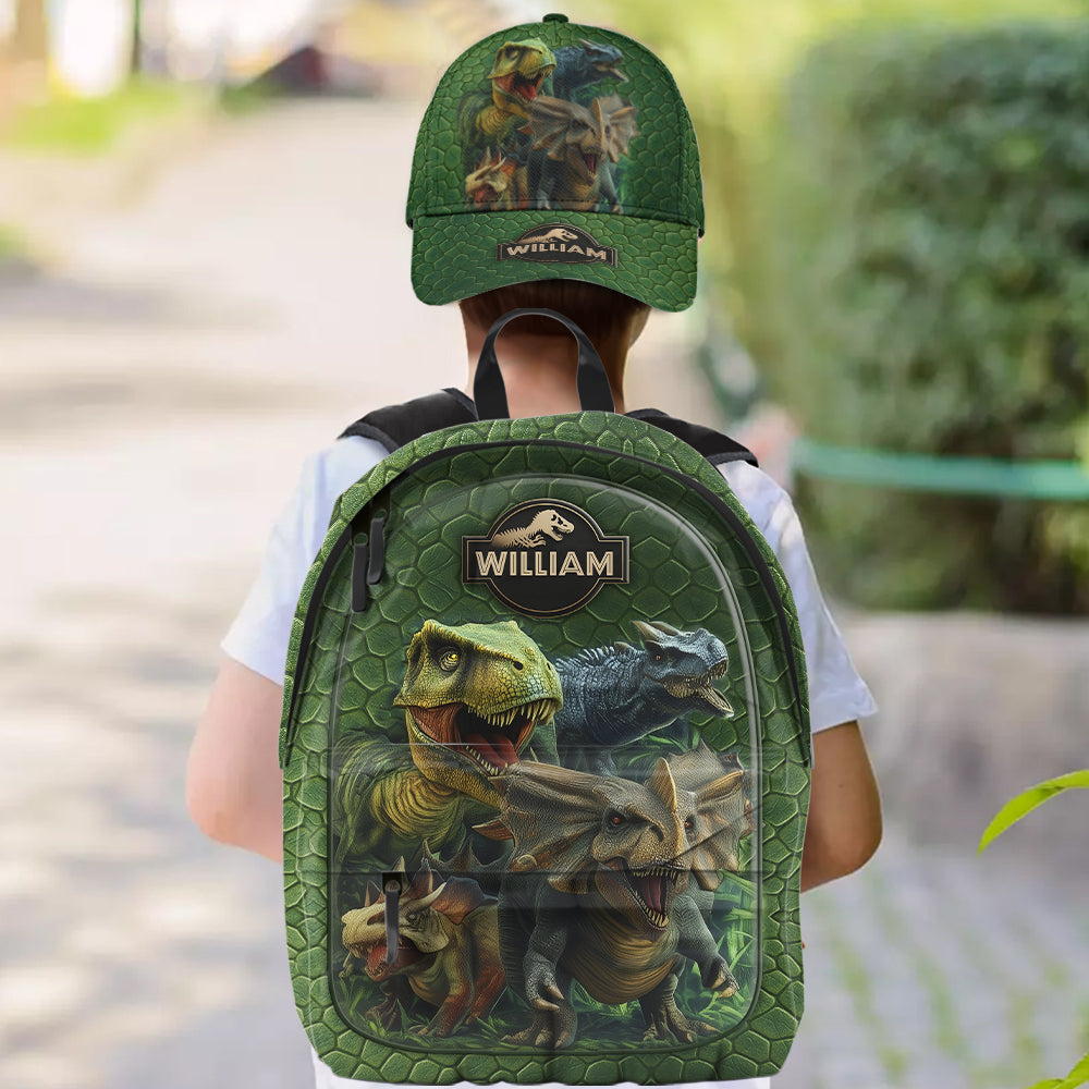 Dinosaurierwelt – Personalisierte Kinder-Klassiker-Kappe & Rucksack