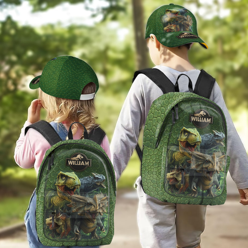 Dinosaurierwelt – Personalisierte Kinder-Klassiker-Kappe & Rucksack